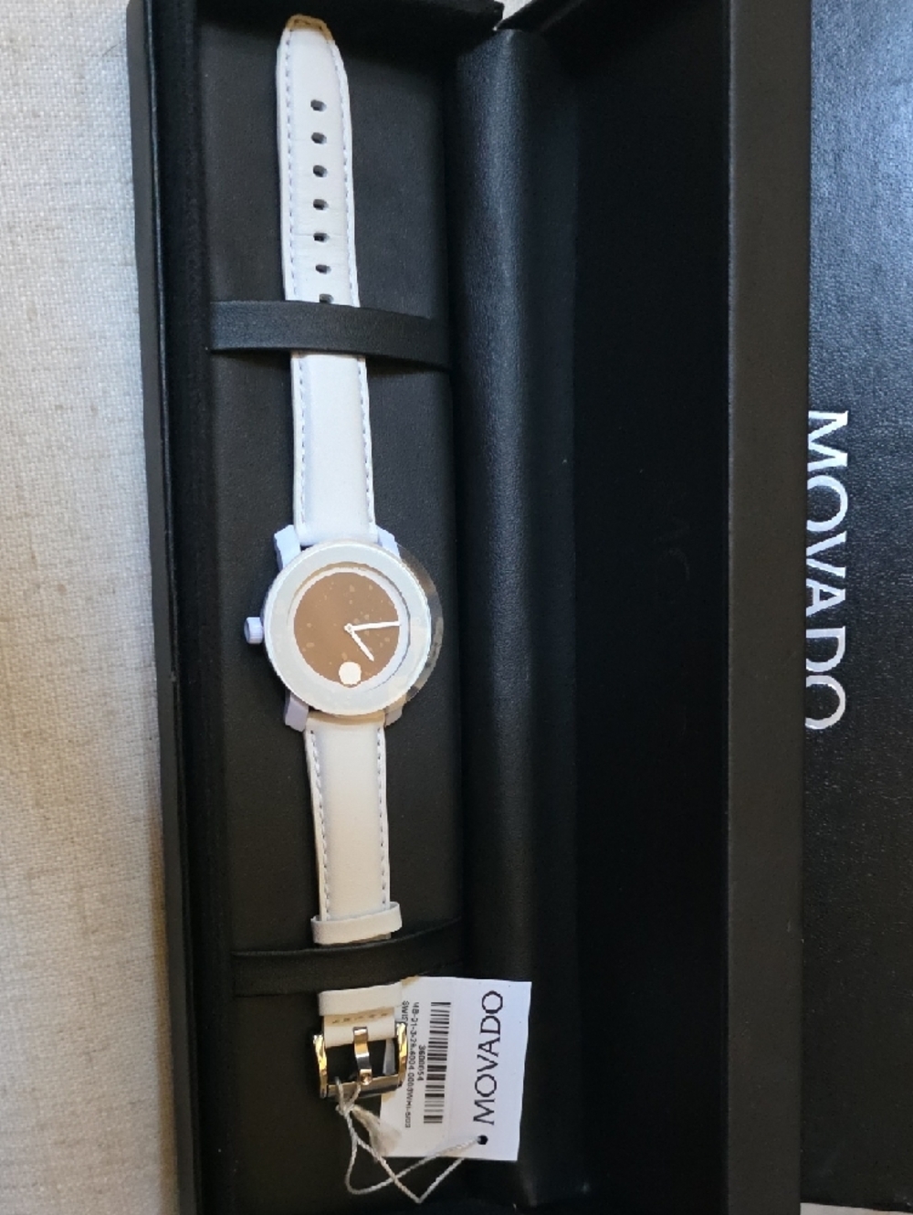 Movado Bold White Leather Strap Watch with Black Dial - Picture 2 of 7